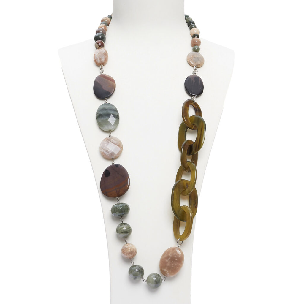 Collana in Agata Salvia, Pietra di Luna e Diaspro, con Corno