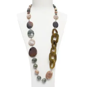 Collana in Agata Salvia, Pietra di Luna e Diaspro, con Corno