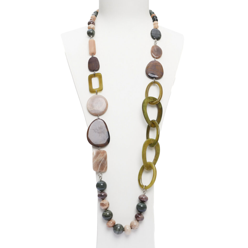 Collana in Agata Salvia, Pietra di Luna e Diaspro, con Corno