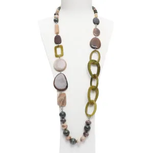 Collana in Agata Salvia, Pietra di Luna e Diaspro, con Corno