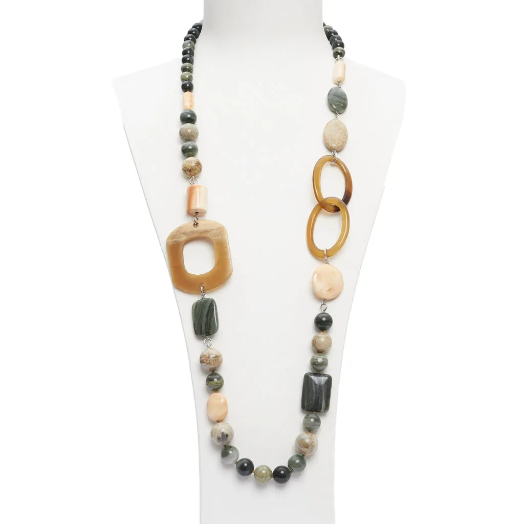 Collana in Agata Salvia, Corallo Fossile e Conchiglia, con corno