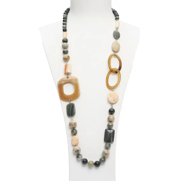Collana in Agata Salvia, Corallo Fossile e Conchiglia, con corno