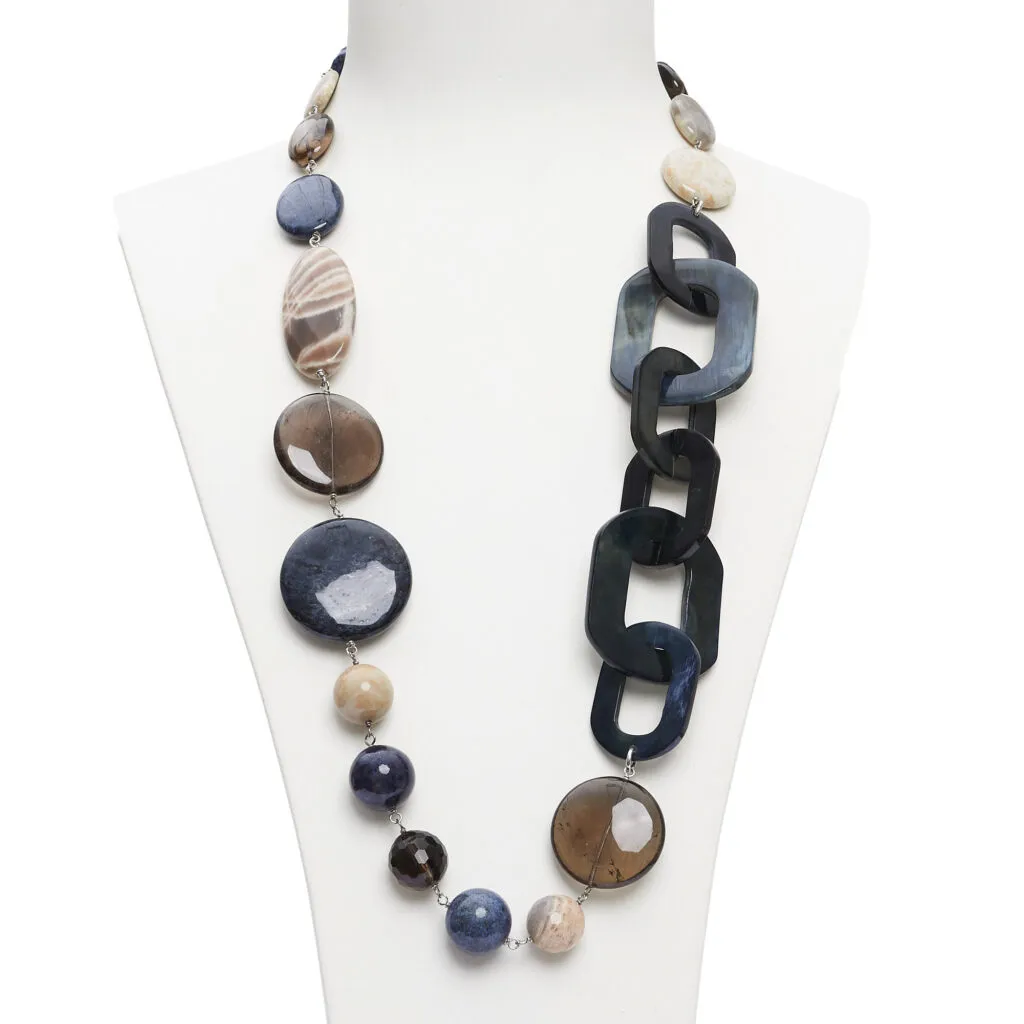 Collana in Pietra di Luna e Dumortierite, con Corno