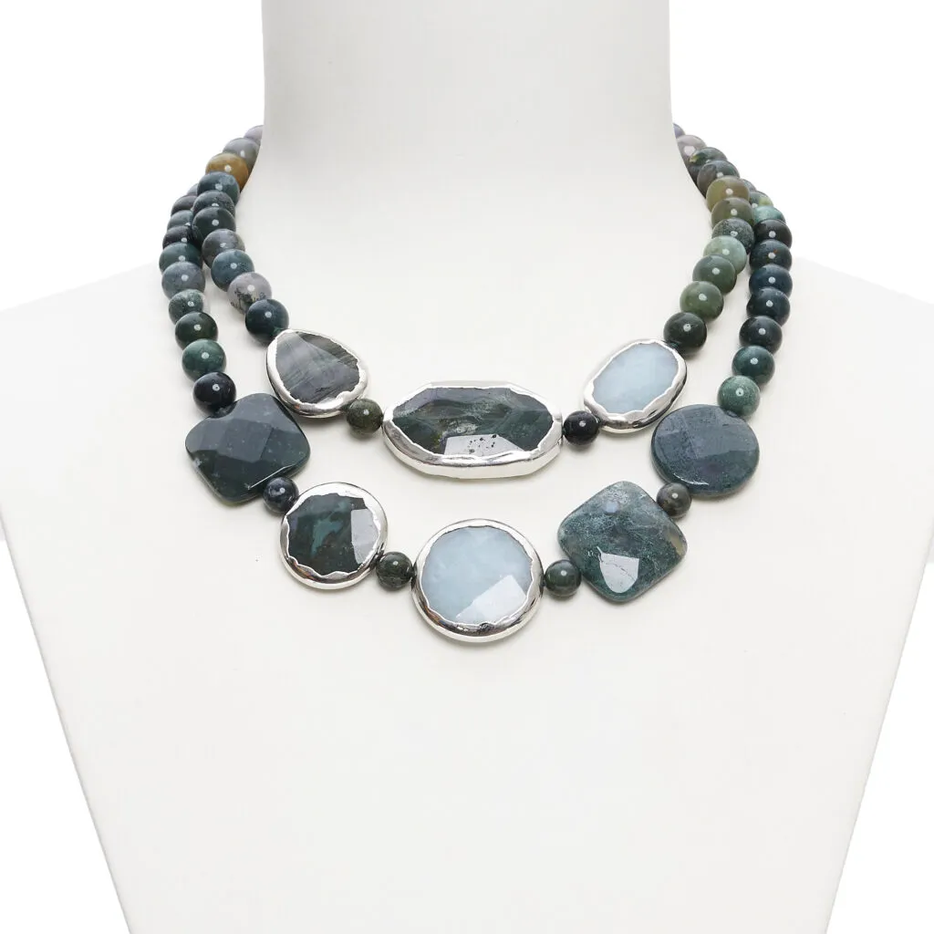 Collana corta in Agata Muschiata e Quarzo Azzurro
