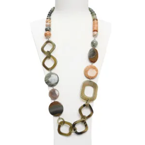 Collana in Agata Salvia, Aragonite e Diaspro, con Corno