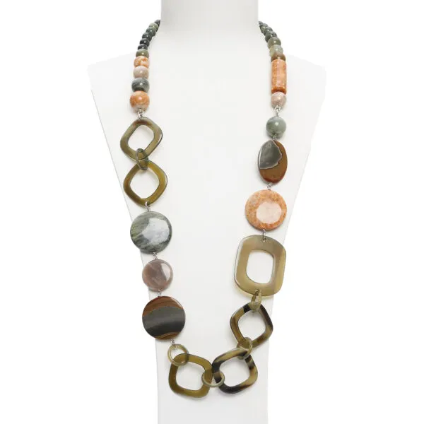 Collana in Agata Salvia, Aragonite e Diaspro, con Corno