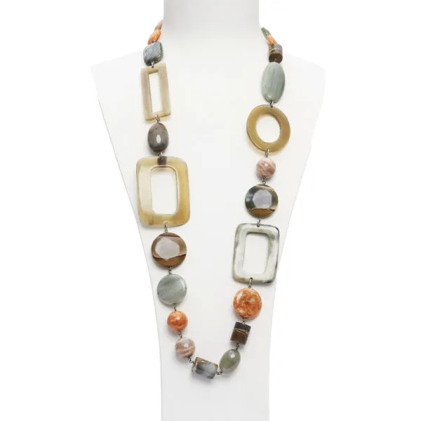 Collana in Agata Salvia, Conchiglia e Legno Fossile