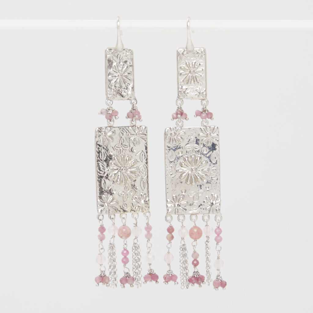 Orecchini piastre Argento con Quarzo Rosa e Tormalina