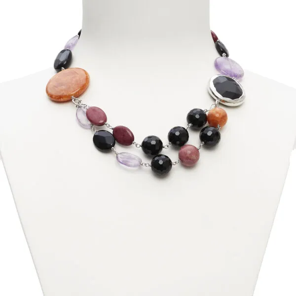 Collana corta in Agata Nera, Ametista, Aragonite e Rodonite, con scontornato