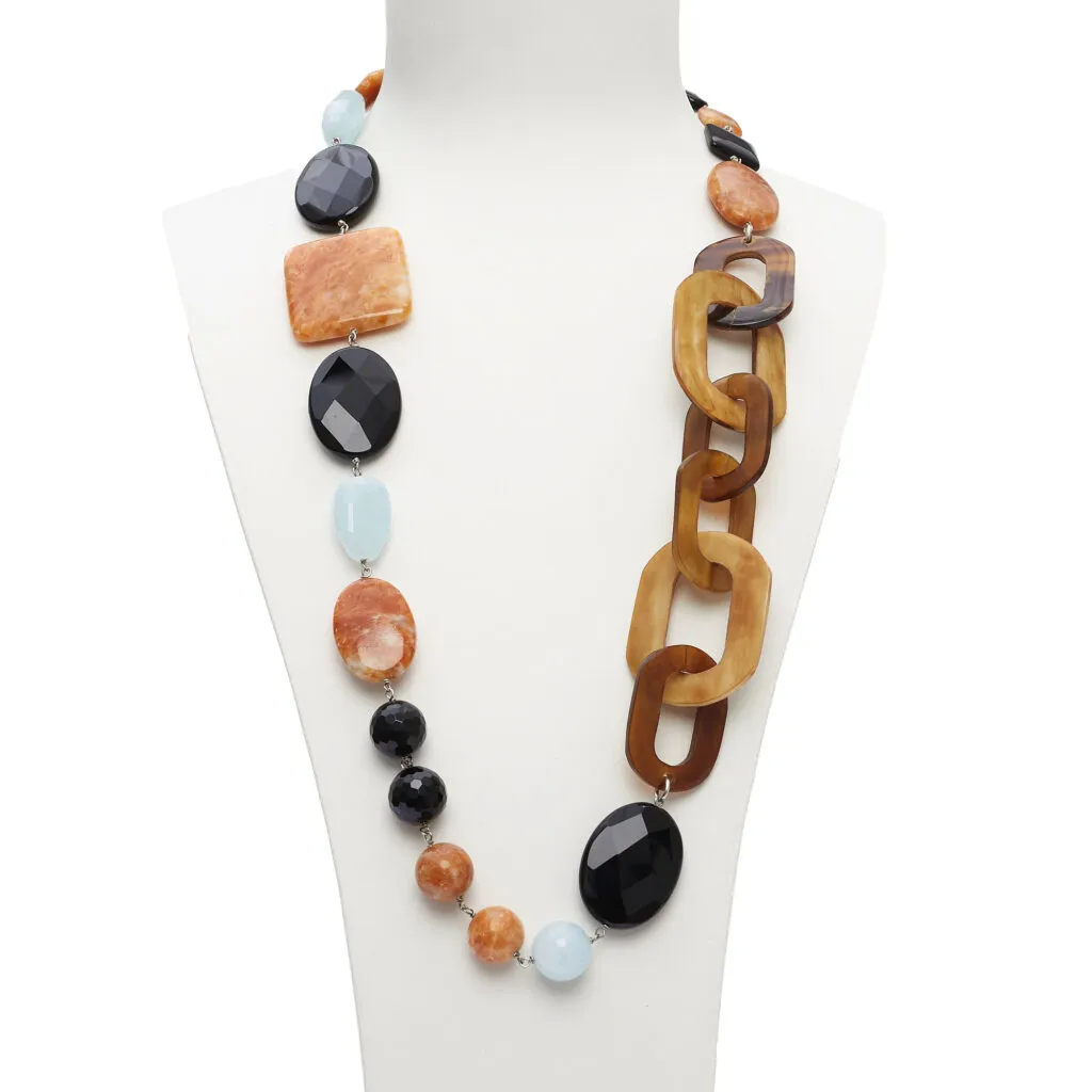 Collana media lunghezza in Agata Nera, Acquamarina ed Aragonite, con Sequenze in Corno