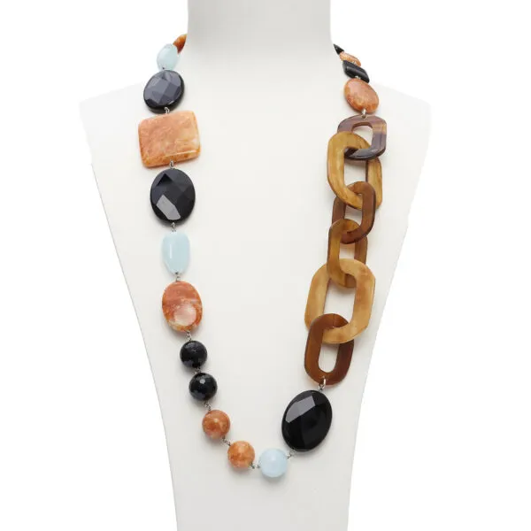 Collana media lunghezza in Agata Nera, Acquamarina ed Aragonite, con Sequenze in Corno