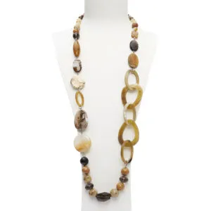 Collana in Fumè, Legno Fossile e Corallo Fossile, con sequenze in corno