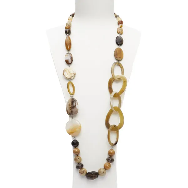Collana in Fumè, Legno Fossile e Corallo Fossile, con sequenze in corno