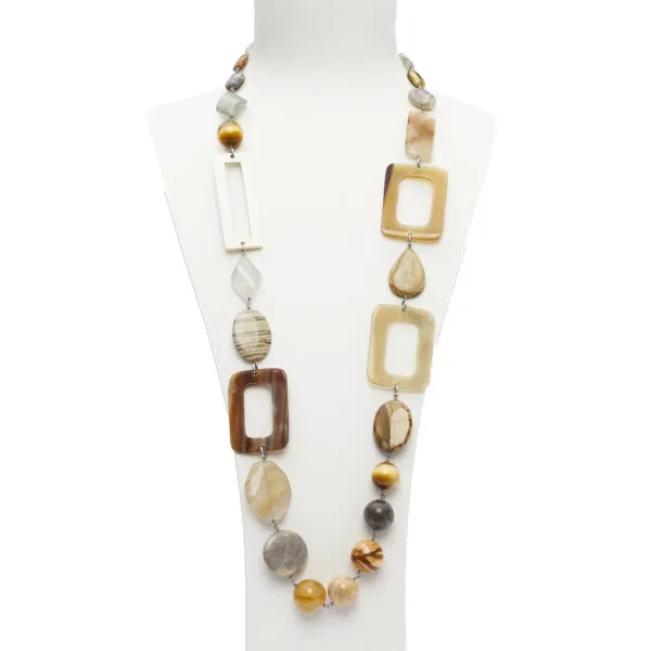 Collana in Golden Eye, Legno Fossile e Pietra di Luna, con sequenze in corno