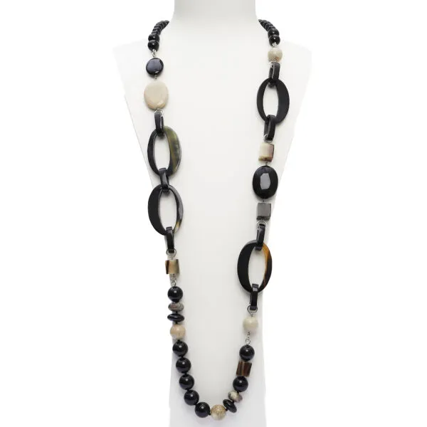 Collana in Agata Nera, Legno Fossile e Corallo Fossile, con sequenze in corno
