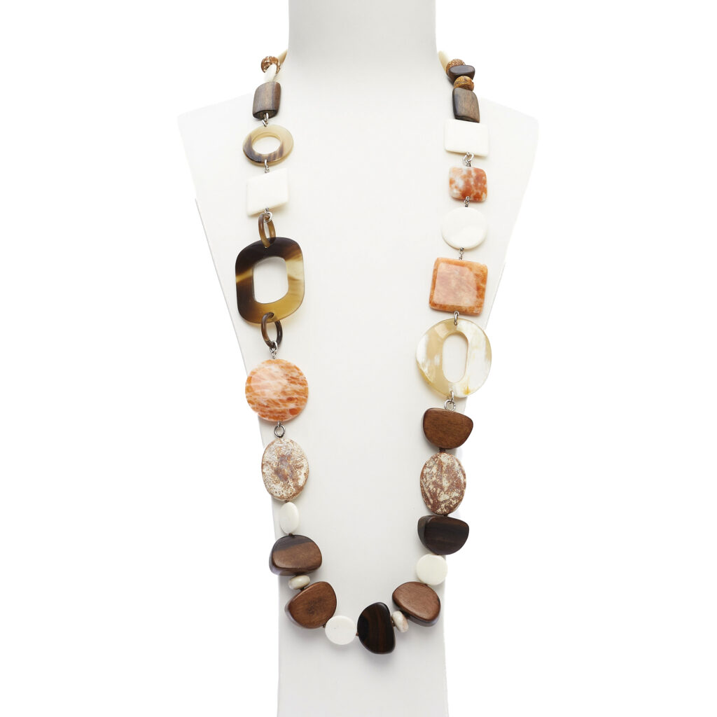 Ketting in Aragoniet, Agaat en Ebbenhout, met hoornen sequenties