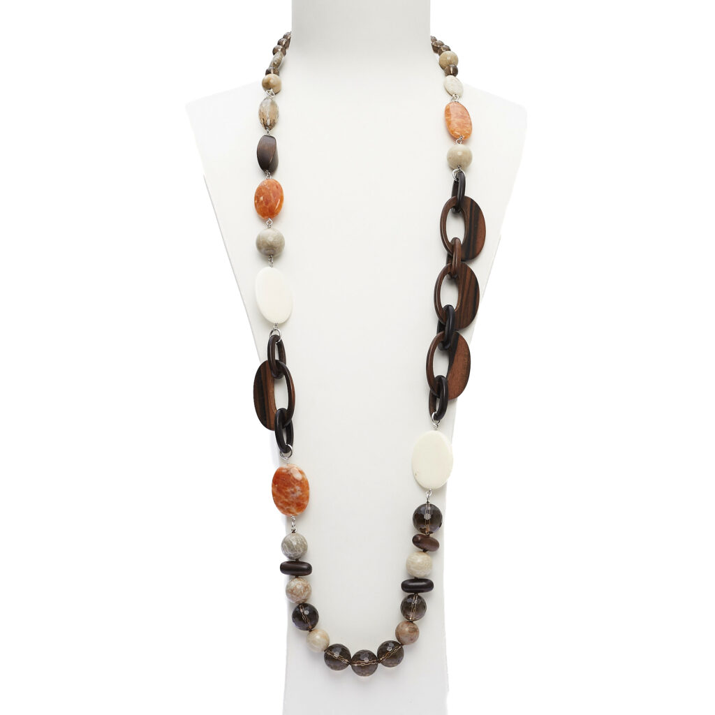 Ketting in Aragoniet, Fossiel Hout en Agaat, met Ebbenhouten sequenties