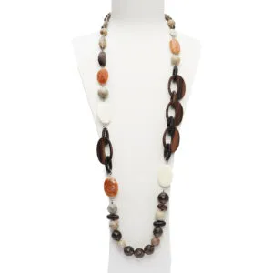 Collana in Aragonite, Legno Fossile ed Agata, con sequenze in Ebano