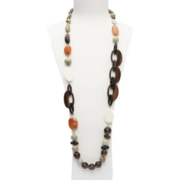 Collana in Aragonite, Legno Fossile ed Agata, con sequenze in Ebano