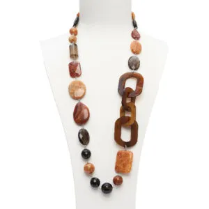 Collier en Aragonite, Agate fumée et Agate de feu, avec séquences en corne
