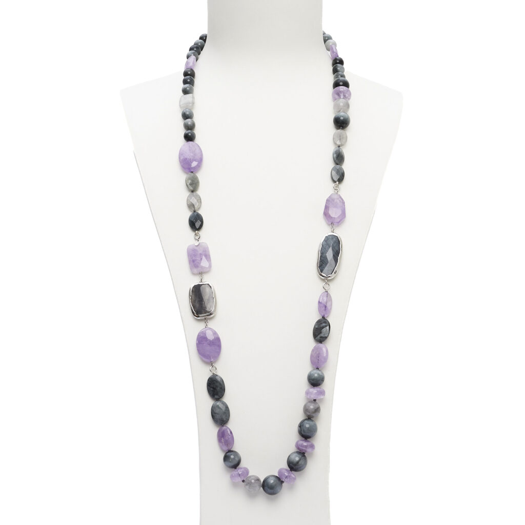 Ketting van grijze kwarts, amethist en kattenoog