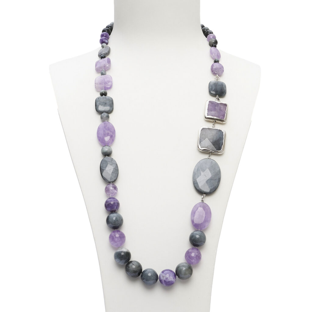 Ketting van grijze kwarts, amethist en kattenoog