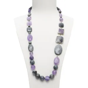 Ketting van grijze kwarts, amethist en kattenoog