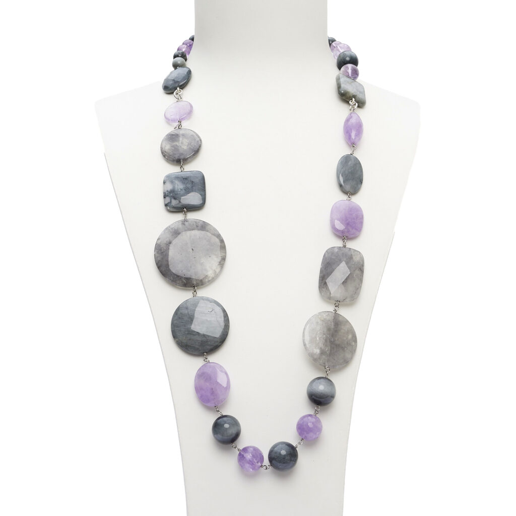 Ketting van grijze kwarts, amethist en kattenoog