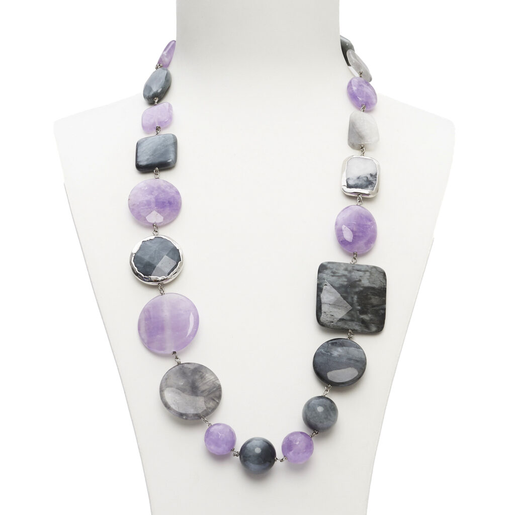 Ketting van grijze kwarts, amethist en kattenoog