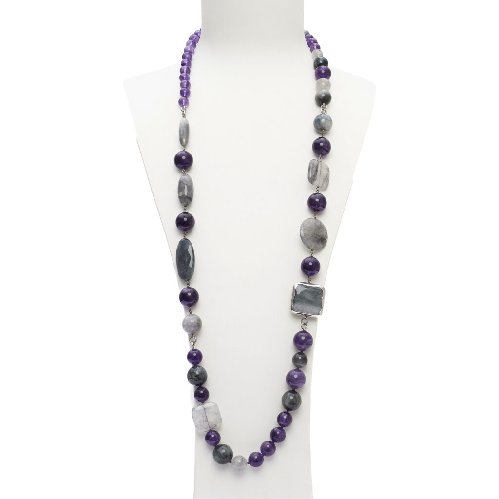 Ketting van grijze kwarts, amethist en kattenoog