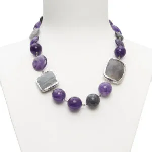 Collana corta in Quarzo Grigio, Ametista ed Occhio di Gatto