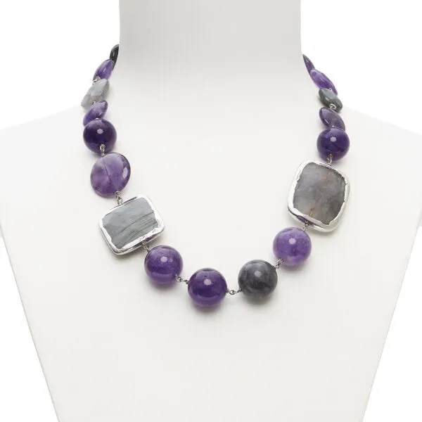 Collana corta in Quarzo Grigio, Ametista ed Occhio di Gatto