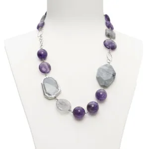 Collana corta in Quarzo Grigio, Ametista ed Occhio di Gatto