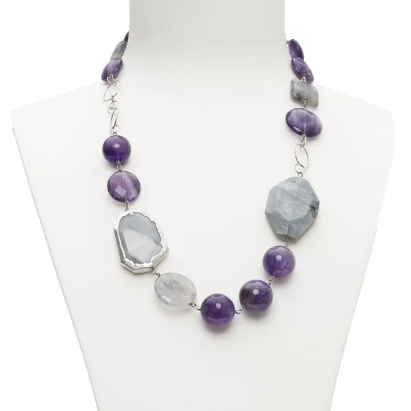 Collana corta in Quarzo Grigio, Ametista ed Occhio di Gatto