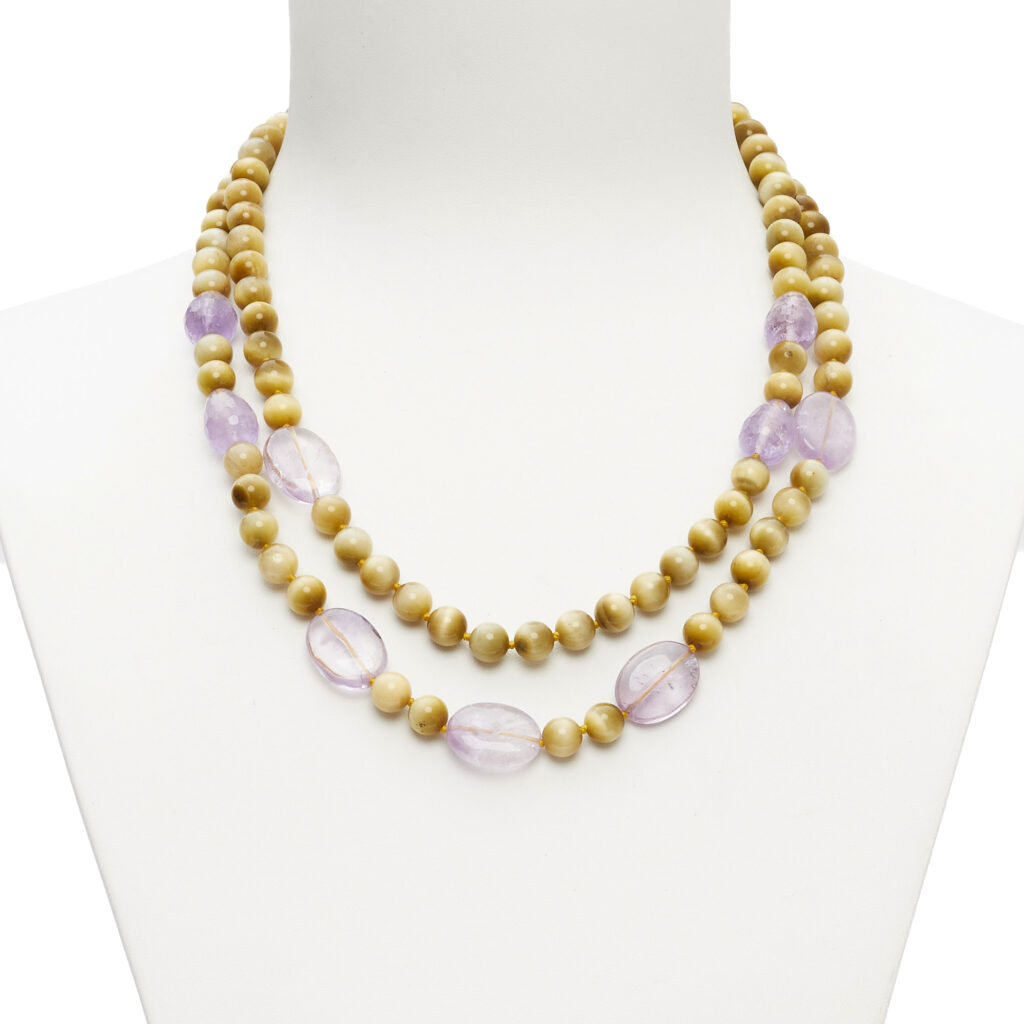 Korte tweestrengs ketting in Amethist en Gouden Oog