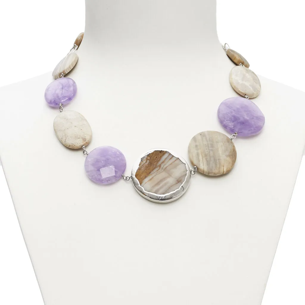 Collana corta in Ametista e Legno Fossile