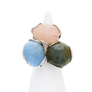 Anello Regolabile in Argento con Acquamarina, Morganite ed Agata Muschiata
