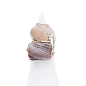 Anello Regolabile in Argento con Agata Botswana ed Agata Cristallizzata