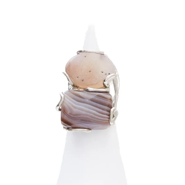Anello Regolabile in Argento con Agata Botswana ed Agata Cristallizzata