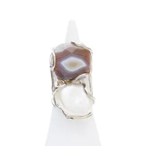 Anello Regolabile in Argento a due elementi con Agata Botswana e Perla