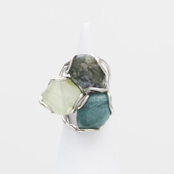 Anello Regolabile in Argento a tre pietre con Agata Muschiata, Apatite e Prehnite