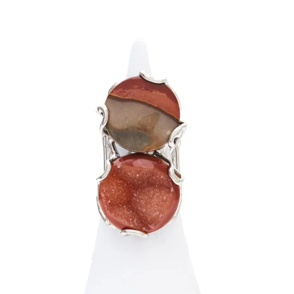 Anello Regolabile in Argento a due pietre con Agata Cristallizzata e Diaspro del Madagascar