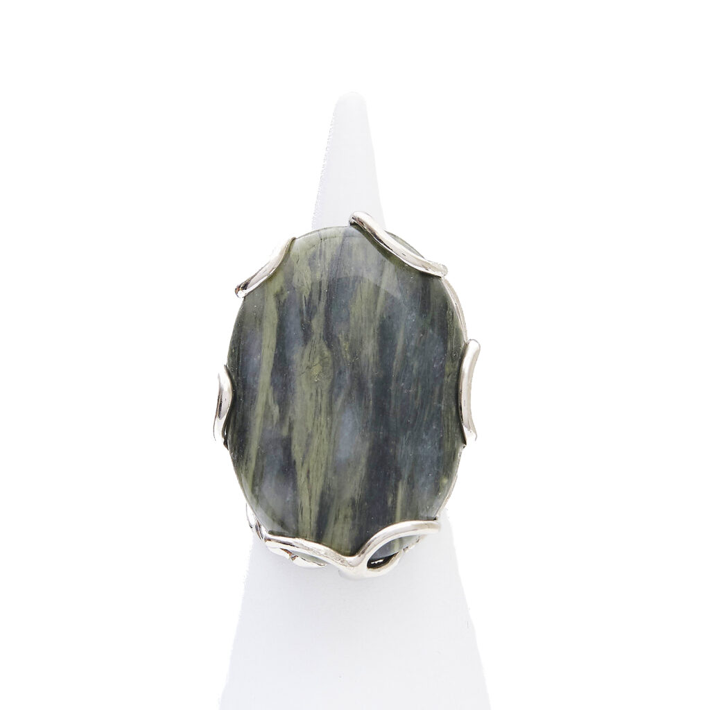Bague réglable en argent avec agate de sauge ovale