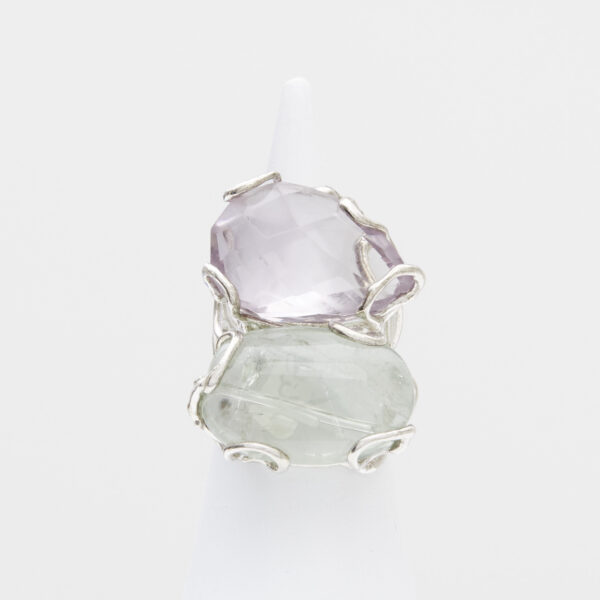 Anello Regolabile in Argento a due pietre con Ametista a goccia e Prasiolite