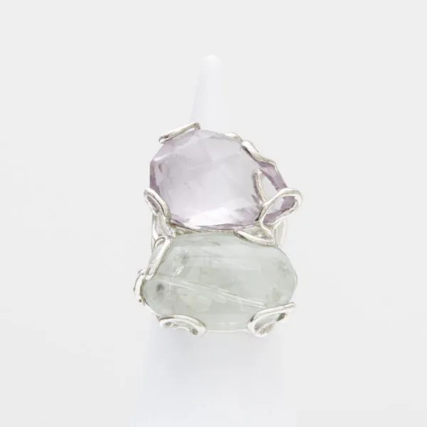Anello Regolabile in Argento a due pietre con Ametista a goccia e Prasiolite