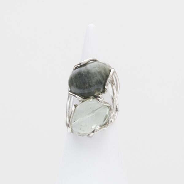 Anello Regolabile in Argento a due pietre con Prasiolite ed Agata Salvia