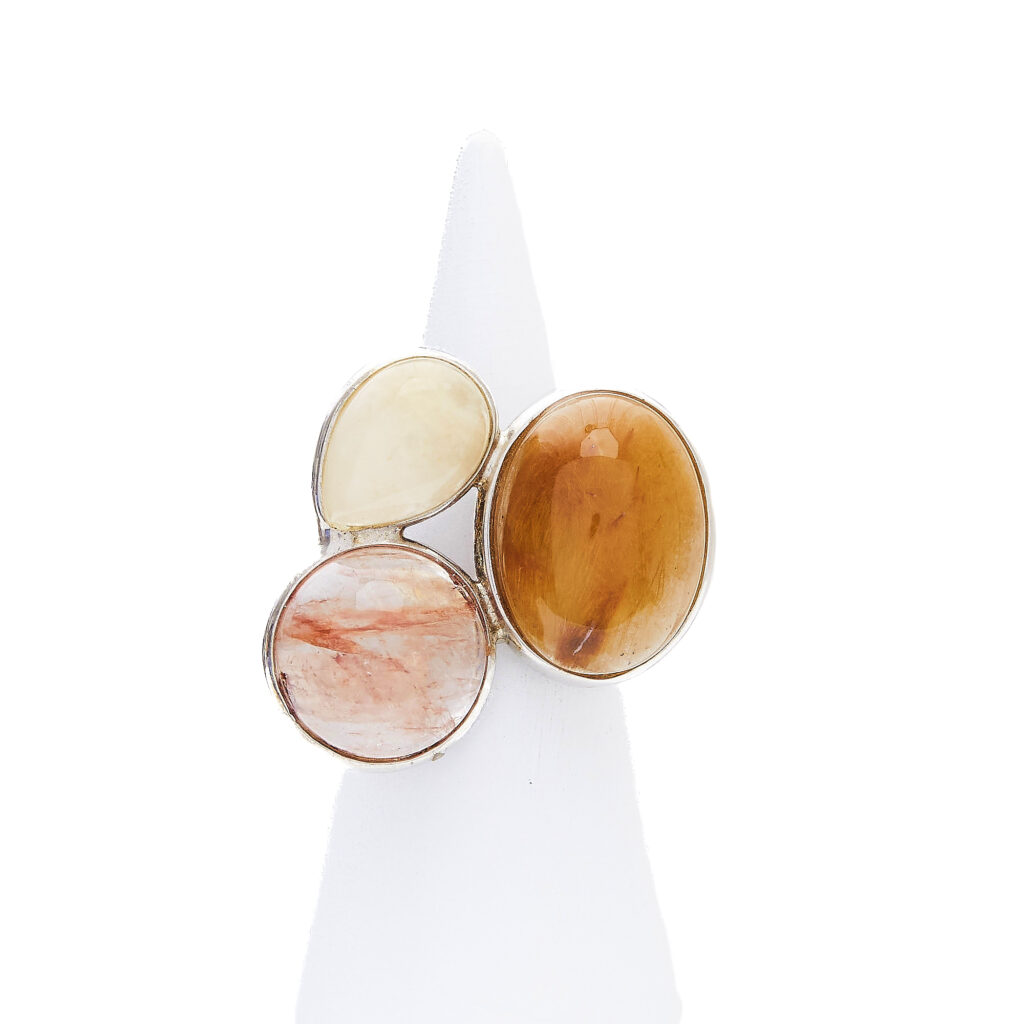 Anello Regolabile in Argento a tre pietre, con Corniola, Pietra di Luna e Quarzo Ematoide