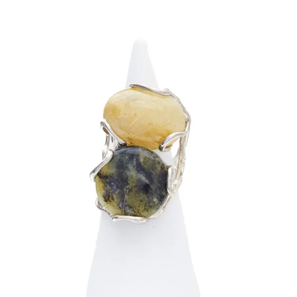 Anello Regolabile in Argento a due pietre con Quarzo Rutilato e Prehnite