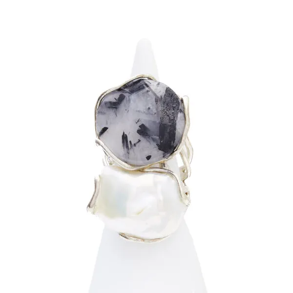 Anello Regolabile in Argento a due pietre con Quarzo Tormalinato e Perla