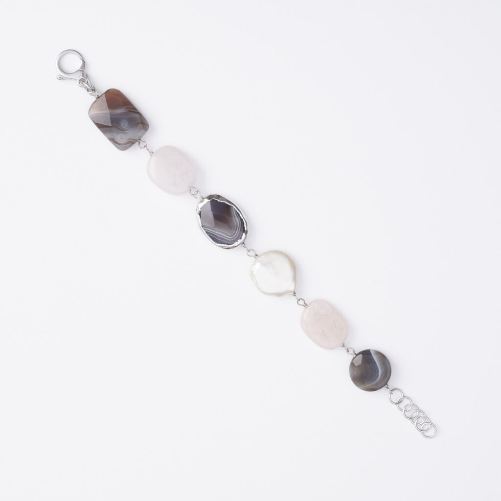 Bracciale rilegato in Agata Botswana, Perle e Morganite con Scontornato